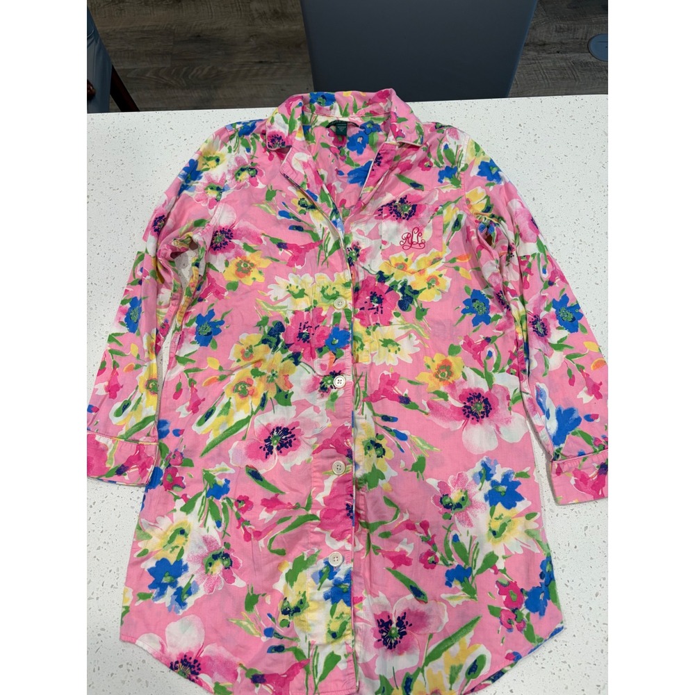 Lauren Ralph Lauren Pink Floral Cotton Button Down Sleep Shirt Nightgown Medium